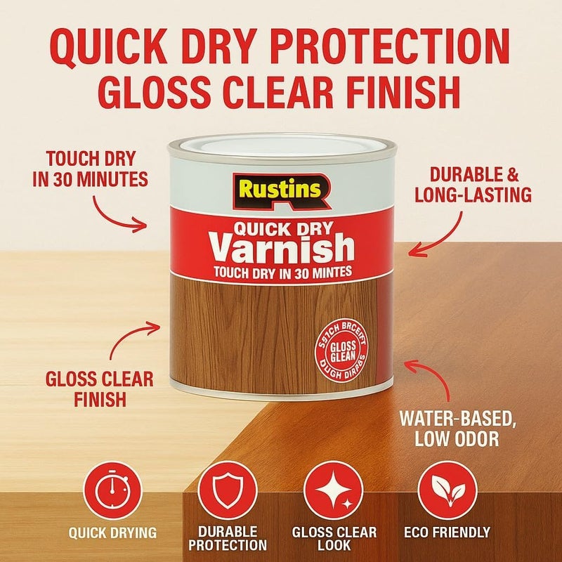 Rustins Quick Dry Varnish Clear Gloss 250ml - Fast Drying Wood Finish - Image 3